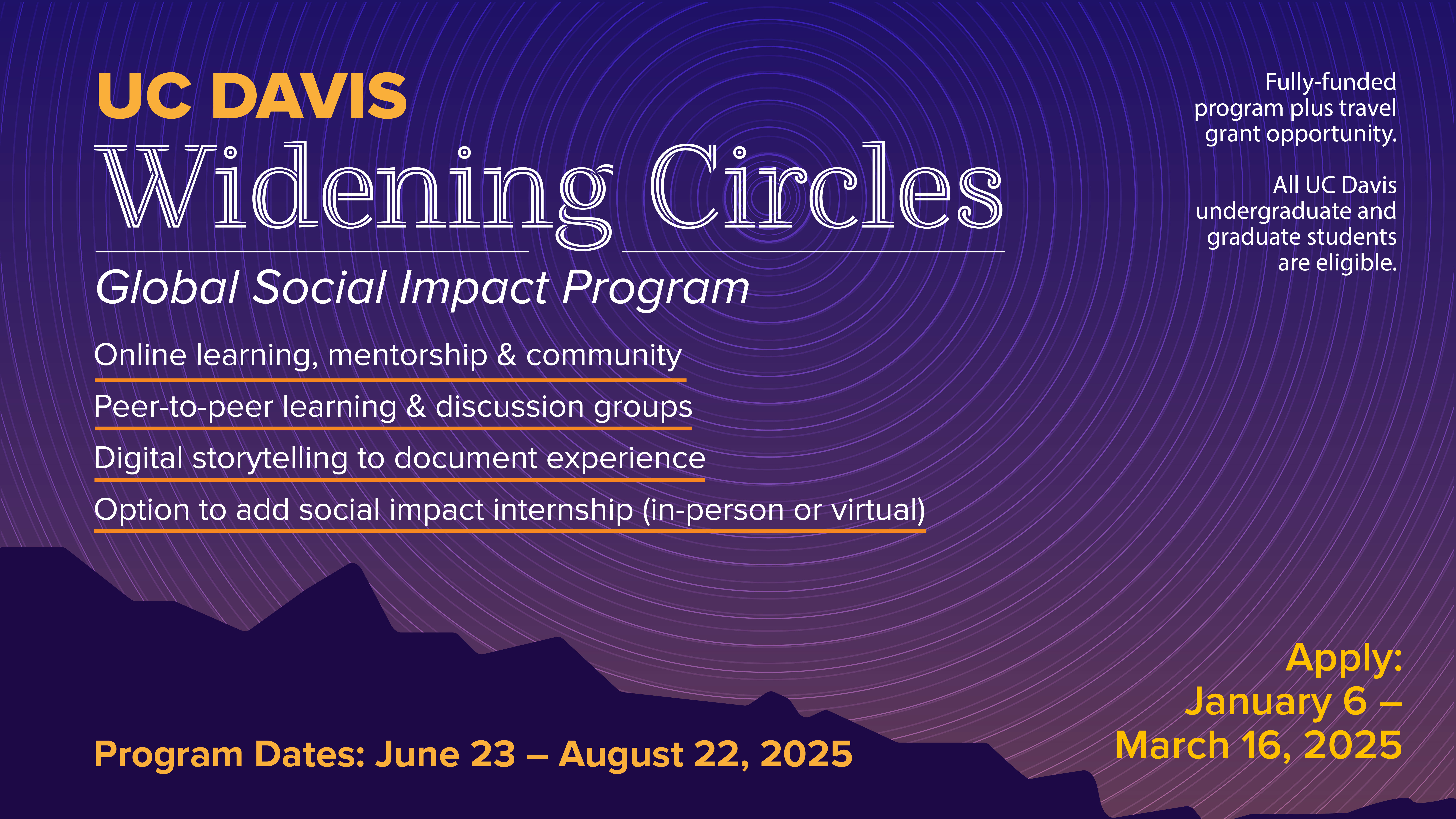 Banner for UC Davis 'Widening Circles' Global Social Impact Program. Highlights include online learning, mentorship, peer discussions, digital storytelling, and optional social impact internship. Program runs June 23 to August 22, 2025, with applications open January 6 to March 16, 2025. Background shows a purple gradient with concentric circle patterns.