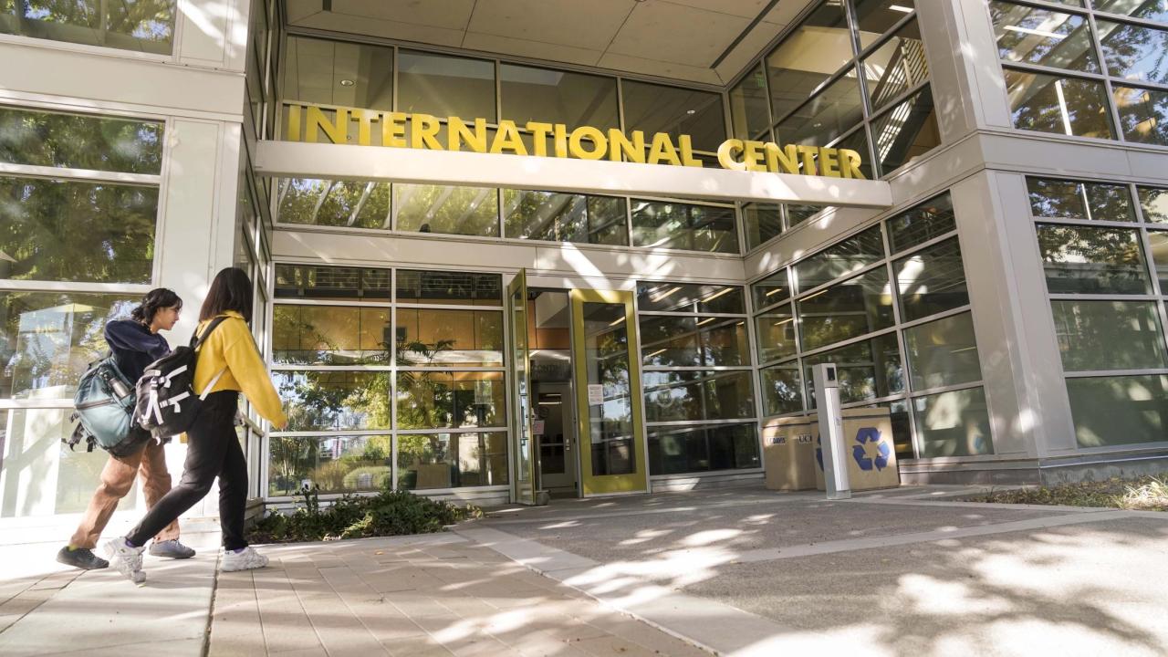 Students walking in front of the International Center