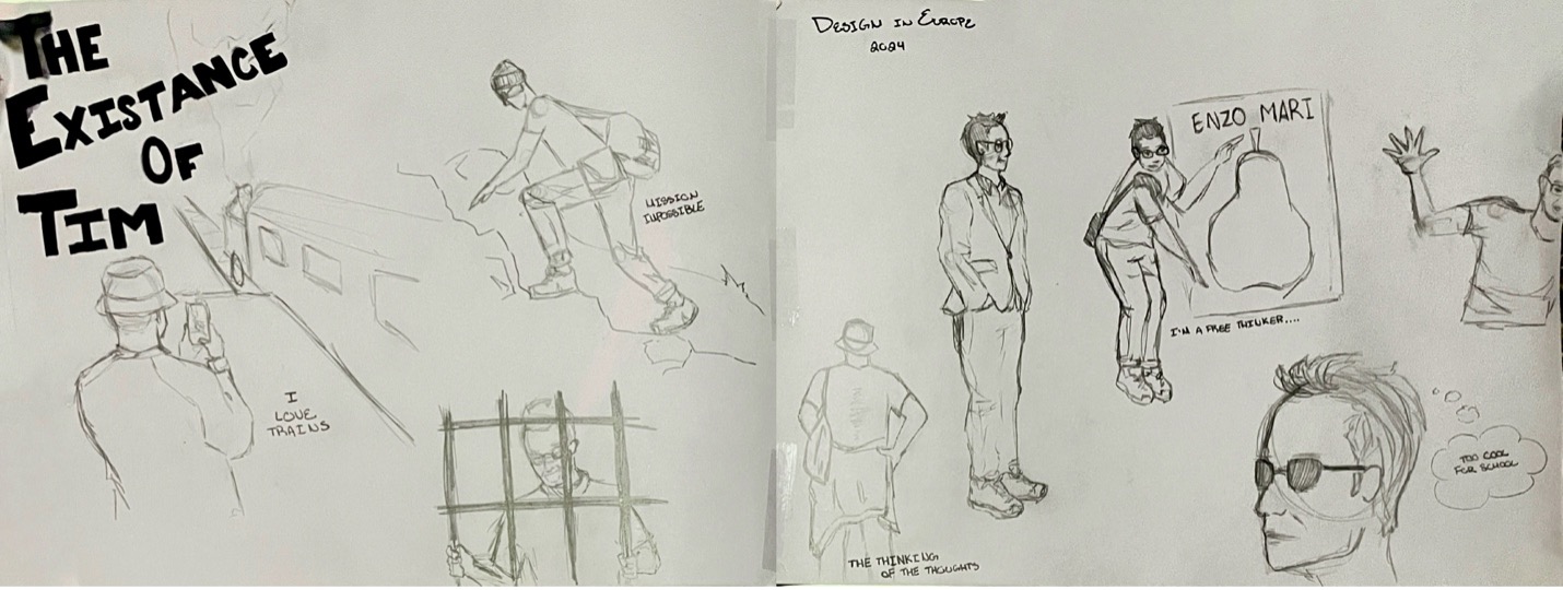Sketches from Jessica's design journal, depicting sketches of her professor.