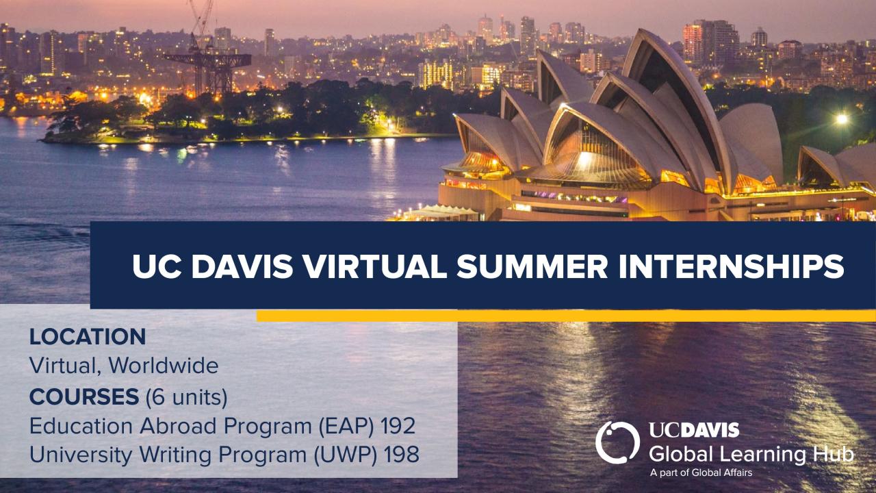 UC Davis Global Learning Hub banner for Virtual Summer Internships. The background shows the Sydney Opera House at dusk, illuminated against the city skyline and reflecting on the harbor. Text details program location as virtual, worldwide, and lists courses EAP 192 and UWP 198.
