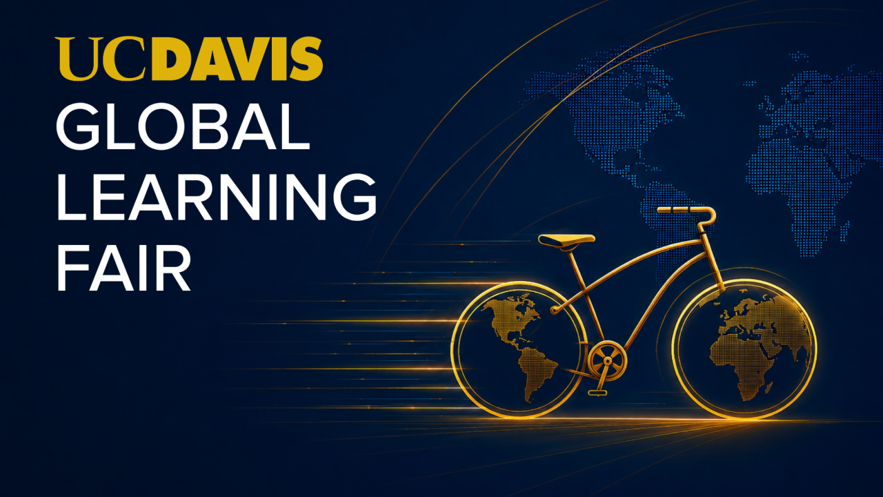 UC Davis Global Learning Fair graphic, gold bicycle with globe wheels on dark blue background