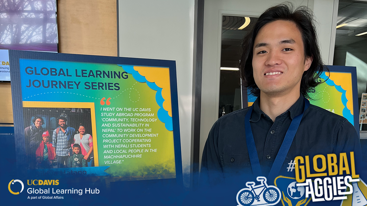Photo of a student standing on front of a poster board. He is smiling. There is also a Global Learning Hub logo in the bottom left corner and a Global Aggies graphic/logo in the bottom right corner 