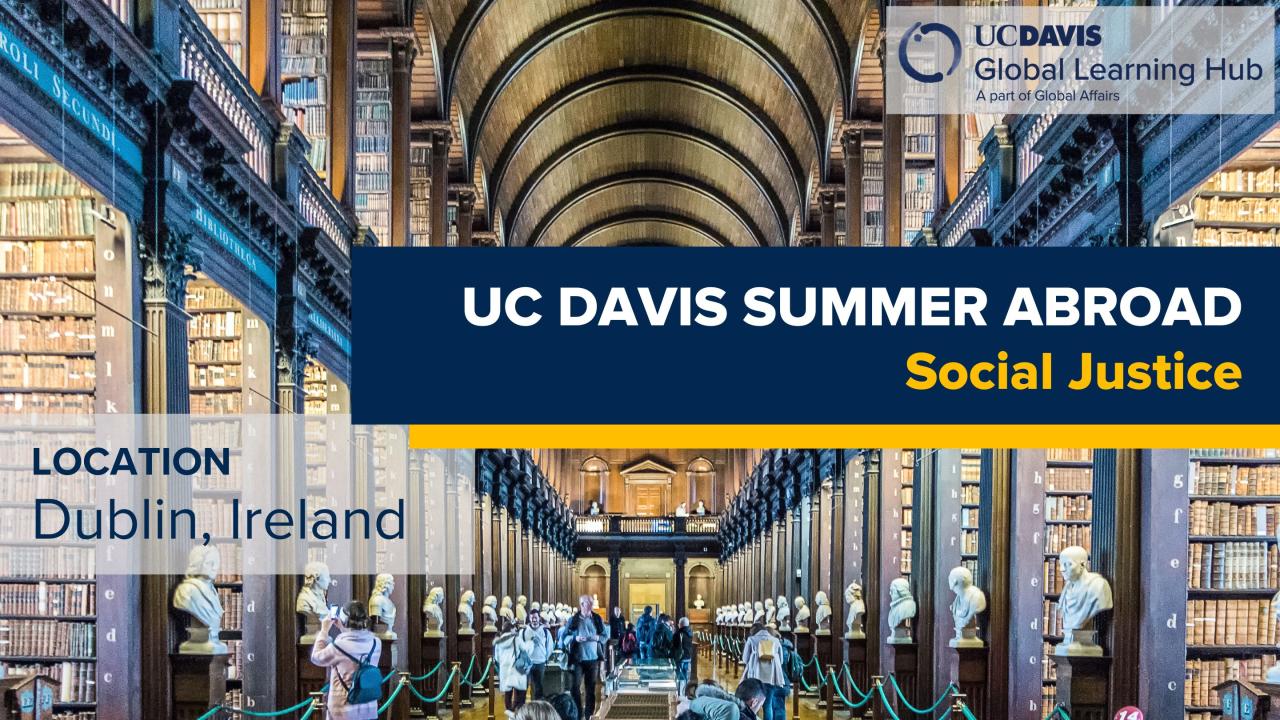 Interior of a grand library with UC Davis Summer Abroad program text overlay.