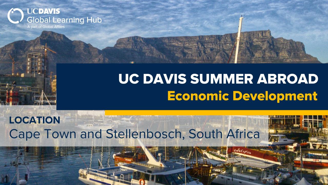 Cape Town waterfront with Table Mountain in the background, featuring a UC Davis Summer Abroad promotional banner.