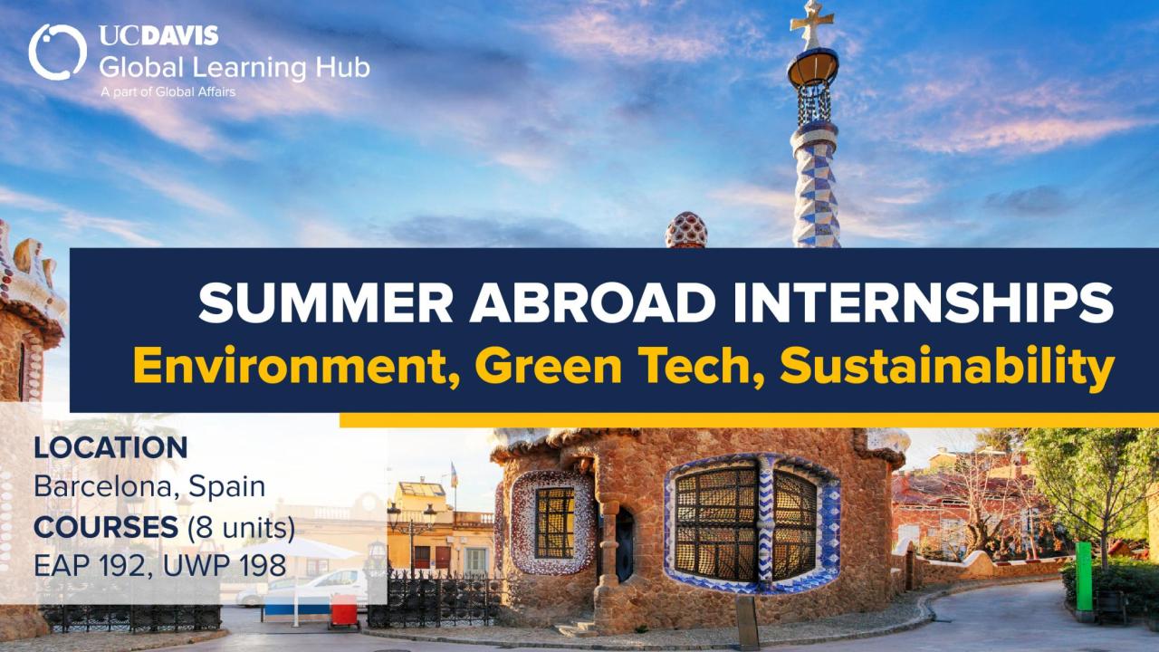 Graphic with text "UC Davis Summer Internship Abroad Environment, Green Tech, & Sustainability in Spain