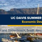 Cape Town waterfront with Table Mountain in the background, featuring a UC Davis Summer Abroad promotional banner.