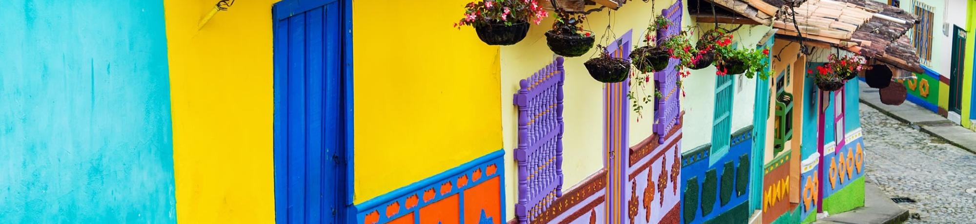 Colorful houses with ornate designs and hanging flowers line a cobblestone street.